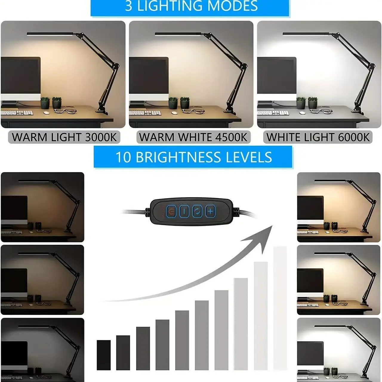 LED Desk Lamp Long Arm Foldable Clamp Adjustable Eye Caring Light with 3 Color Modes Dimmable for Reading Study and Office Work