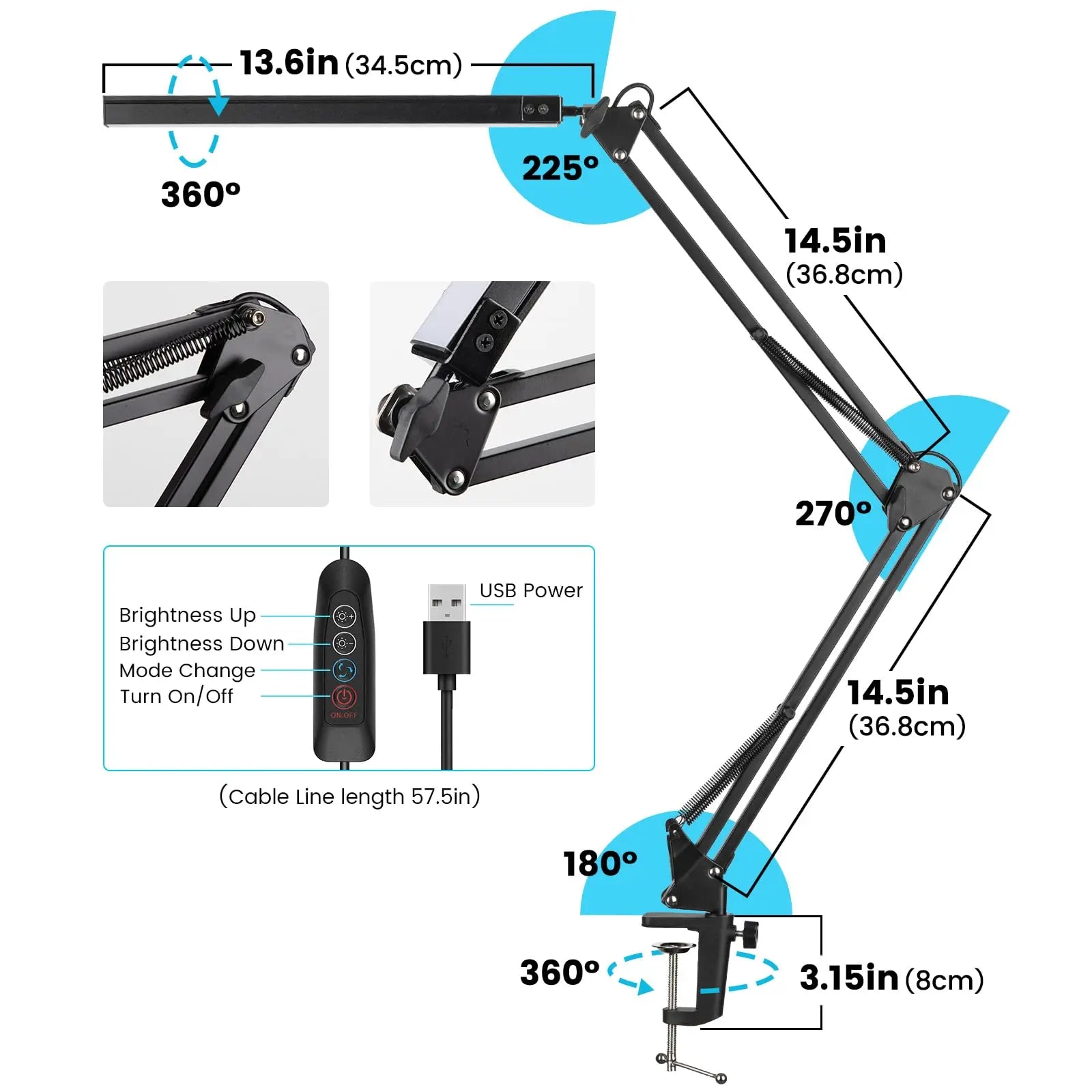 LED Desk Lamp Long Arm Foldable Clamp Adjustable Eye Caring Light with 3 Color Modes Dimmable for Reading Study and Office Work