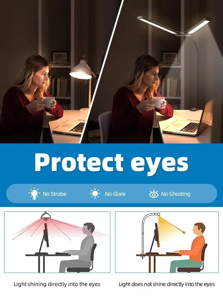LED Desk Lamp Double/Single Head – Dimmable Gooseneck Eye-Caring Desk Light with Remote