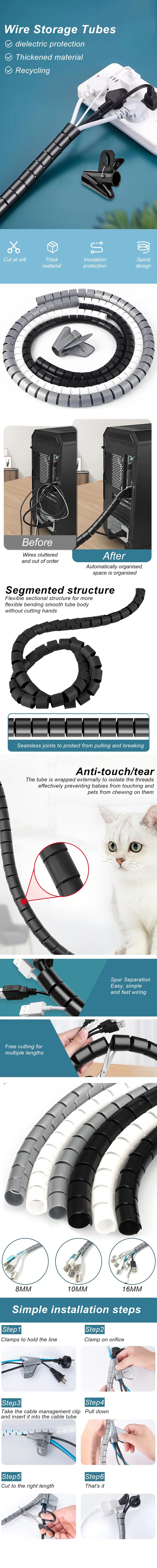 2M Cable Wire Protector Spiral Wrap Tube – Flexible PVC Cable Organizer Sleeve for Office & Home