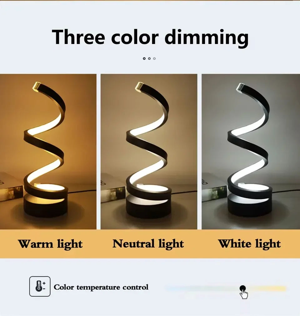 Creative Spiral LED Night Light – 3 Color Dimmable USB Table Lamp for Bedroom, Desk & Bedside