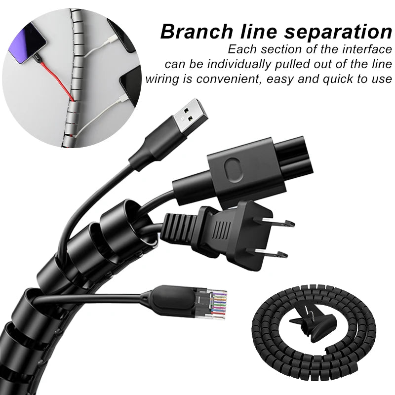 2M Cable Wire Protector Spiral Wrap Tube – Flexible PVC Cable Organizer Sleeve for Office & Home