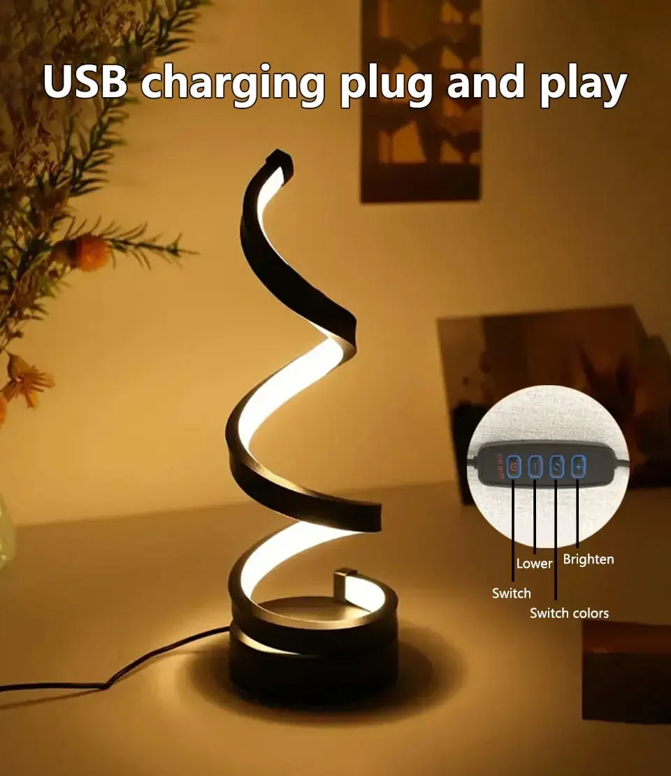Creative Spiral LED Night Light – 3 Color Dimmable USB Table Lamp for Bedroom, Desk & Bedside