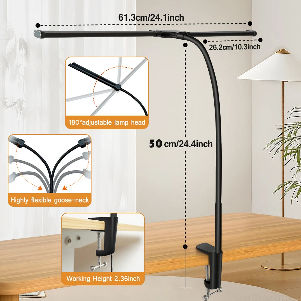 LED Desk Lamp Double/Single Head – Dimmable Gooseneck Eye-Caring Desk Light with Remote