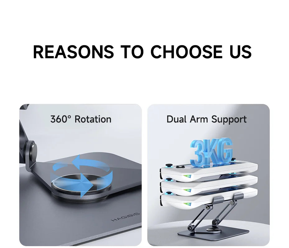 Hagibis 360° Rotating Tablet Stand – Adjustable Aluminum Dual Rod Foldable Holder for iPad Pro, Switch & ROG